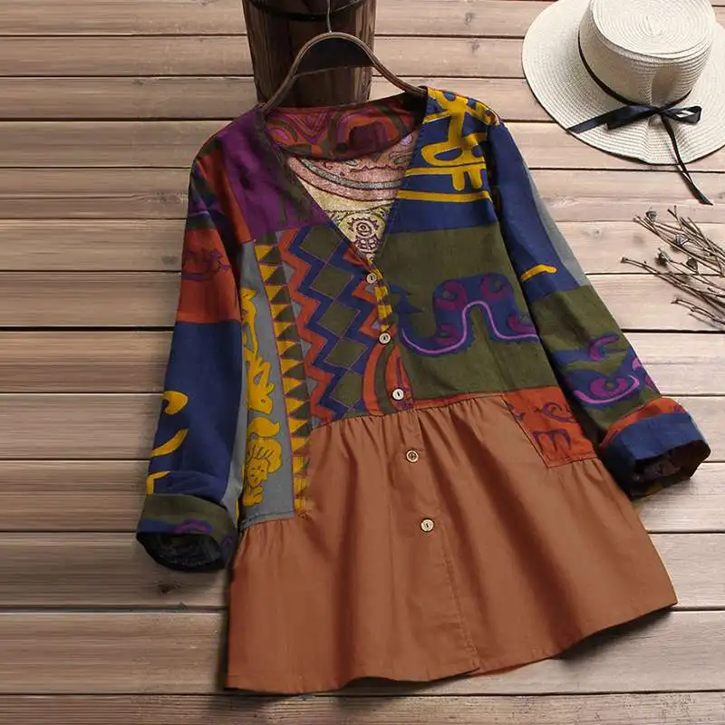 

Women Spring V Neck Long Sleeve Vintage Floral Printed Blouse Buttons Patchwork Top Casual Cotton Linen Shirt Robe Work Blusas
