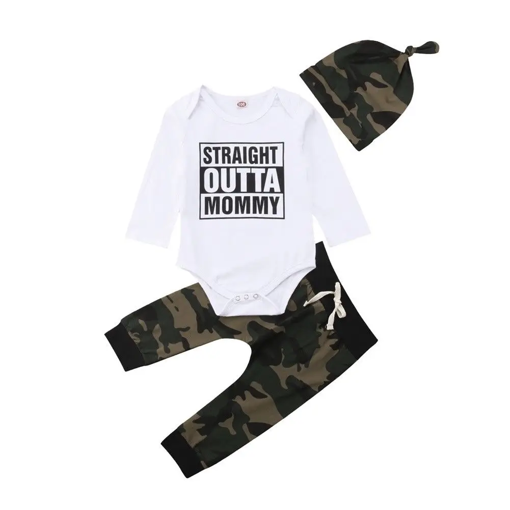 

Fashion 3Pcs Newborn Kid Baby Boy Camo Clothes Jumpsuit Romper Bodysuit Pants Hat Outfits Set