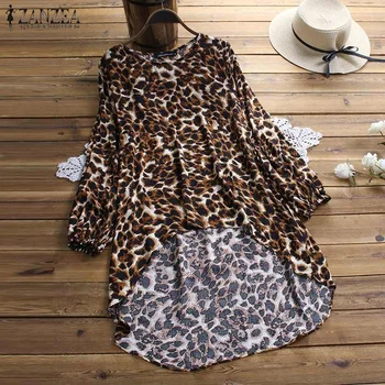 

2020 ZANZEA Fashion Women Leopard Grain Blouses Shirts Casual Puff Sleeve Asymmetrical Blusa Feminina Baggy Tops Blusas Oversize