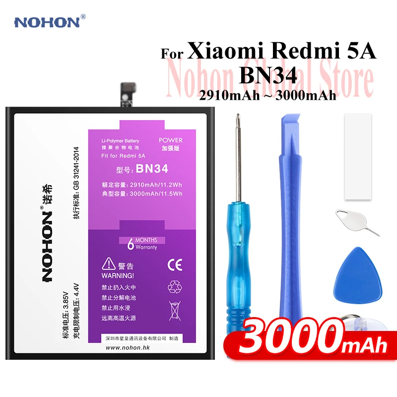 Nohon батарея для Xiaomi Redmi 5A BN34 реальная емкость 2910mAh 3000mAh Мобильный телефон литий
