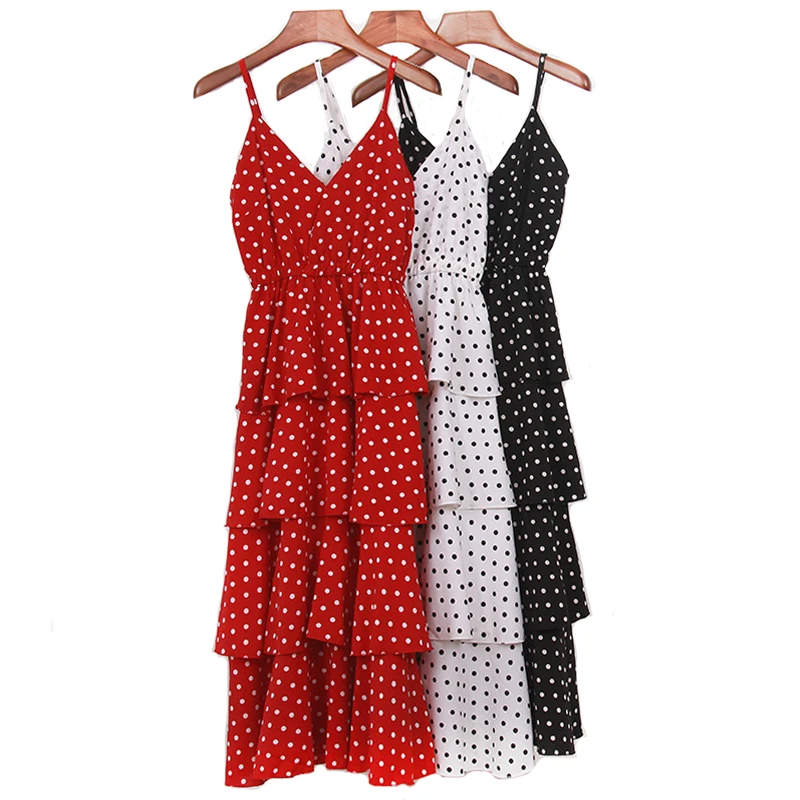 

White Black Red Dot Cake Dress Korean Summer Women Sleeveless Spaghetti Strap Polka Dot Long Chiffon Dresses Plus Size S-4XL