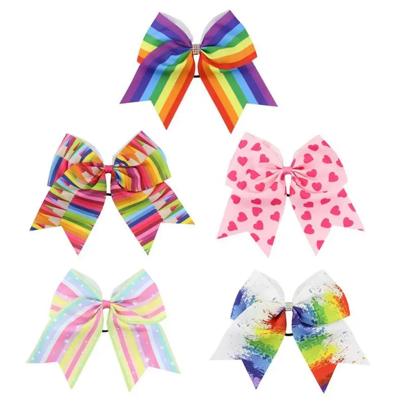 

Girls Bowknot Rainbow Print Elastic Headband Ribbon Hair Rope Headwear