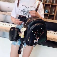 New Style Embroidered Deer Shoulder Bag Female Pu Leather Backpacks Women Students Backpack Three-Piece deer detail pu bag