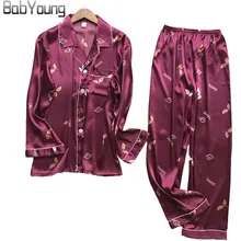 BabYoung для мужчин шелковые пижамы комплект Мужская пижама суд топы с длинными рукавами брюки для девочек атлас Ночное Pijama Hombre плюс р