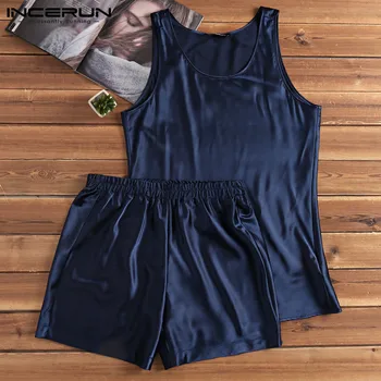 

INCERUN Men Silk Satin Pajamas Set Sleeveless Tops Shorts Soft Leisure Homewear Summer Pyjamas Men Sleepwear Set Nightgown 3XL