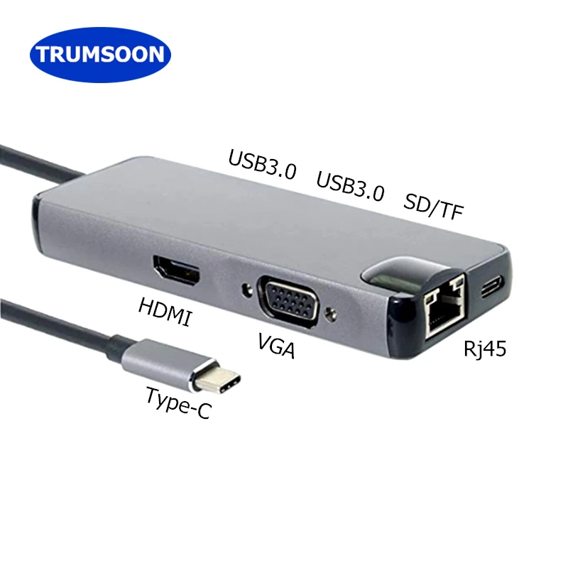 

TRUMSOON Type-C to RJ45 Gigabit Lan HDMI-compatible VGA USB C 3.0 SD TF Card Reader for Macbook Samsung S8 Dex Xiaomi TV Monitor