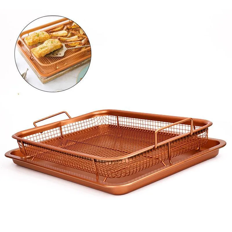 

2019 Copper Air Fryer Crisper Tray Oil Frying Basket Non Stick Mesh Grill Aluminum Crisper With Easy Grip Handles