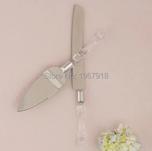 

Free Shipping Stainless Steel Wedding Cake Knife Set Server Casamento Acrylic Clear Handle Cutter Set Party Table Decoration