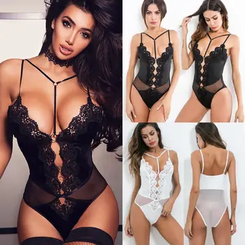 

Women's Lace Crochet Sleeveless V-Neck Caged Bodysuit Babydoll Nightwear
