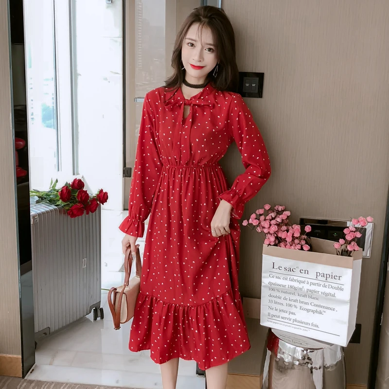 

Women chiffon dress 2019 spring summer female elegant vintage print long sleeve elastic waist casual office lady a-line dresses