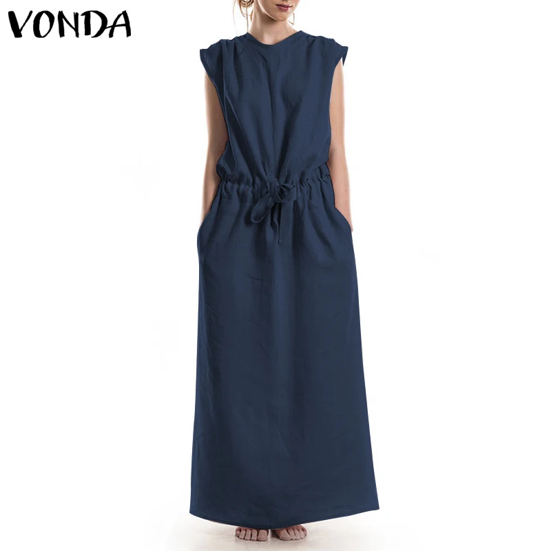 

VONDA Women Summer Dress 2019 Casual Loose Plus Size Long Maxi Cotton Dresses Female Sexy O Neck Backless Party Vestidos