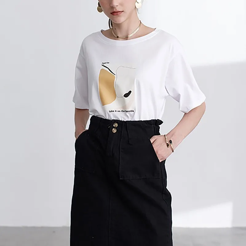 

[YaLee] New Fashion 2019 Spring Summer Simple Personality Printed Round Neck Short Sleeve Large Size Cotton T-shirt Women U138