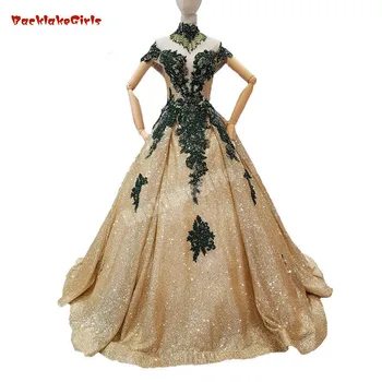 

Backlakegirls Gold Sequin V-neck Evening Dress Green Appliques A-line Sleeveless Off The Shoulder Formal Dress Gown 2018 Abiye