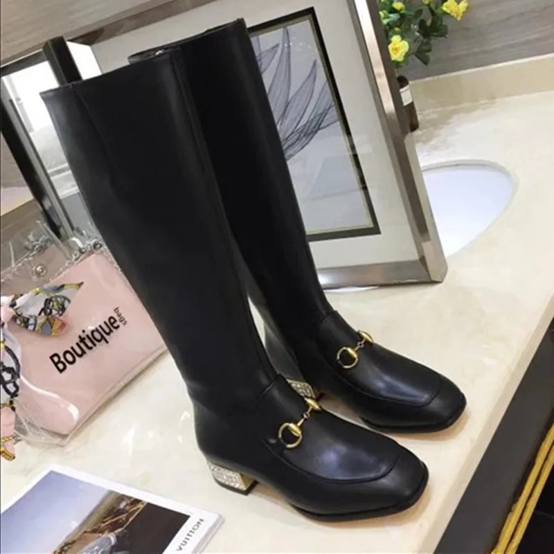 

Fashion Knee-High Leather Women's Winter Metal Decoration Boots Women's Med Heels Black Boots With Crystal Diamond Sexy Boots