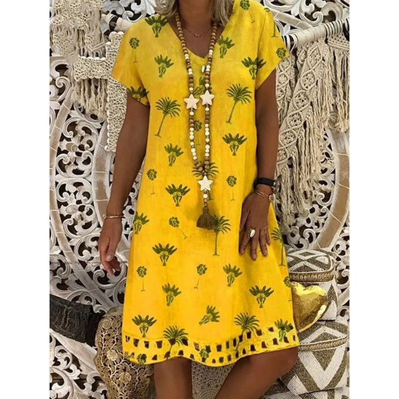 

Loose Casual Dress Summer 2019 Women Yellow Floral Midi Dress Plus Size Ladies Shortsleeve A Line Summer Dress Women 3XL 4XL 5XL