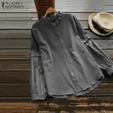 ZANZEA/Весенняя женская винтажная блузка с оборками, Повседневная рубашка с длинным рукавом и пуговицами, свободная рубашка в полоску, Femme Blusas Robe, топ размера плюс