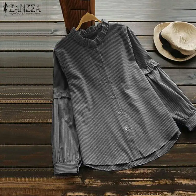 

ZANZEA Spring Women Vintage Ruffles Blouse Casual Long Sleeve Buttons Dowm Striped Shirt Loose Femme Blusas Robe Top Plus Size