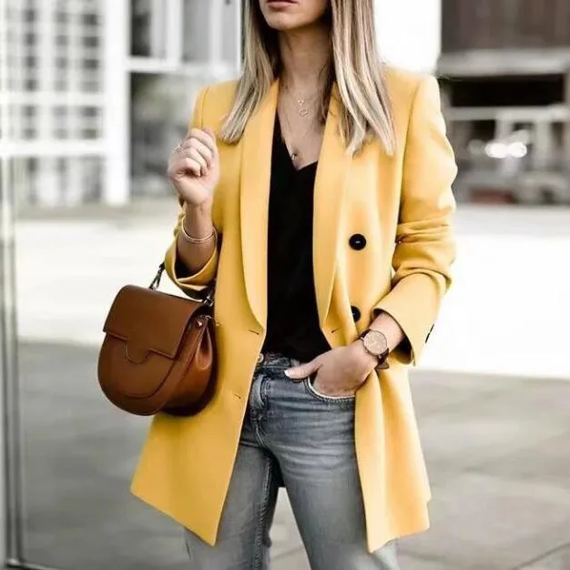 2019  Streetwear Double Breasted Long Blazers Women Office Lady Yellow Suit Jacket Leisure Blazer Loose Coat
