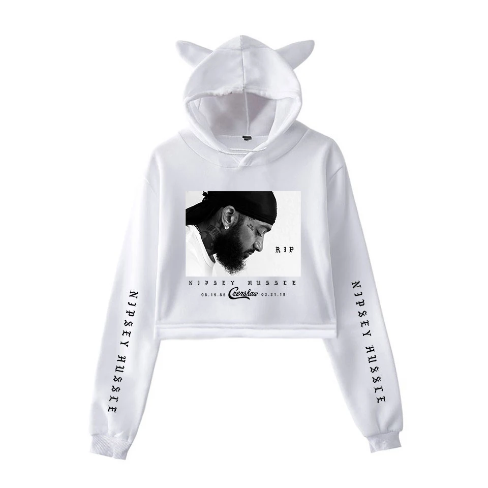 

2019 New Rep Nipsey Hussle Fashion Print Cat Crop Top Women Summer Pop Hoodies Sweatshirt Sexy Cat Hooded Harajuku Plus Size