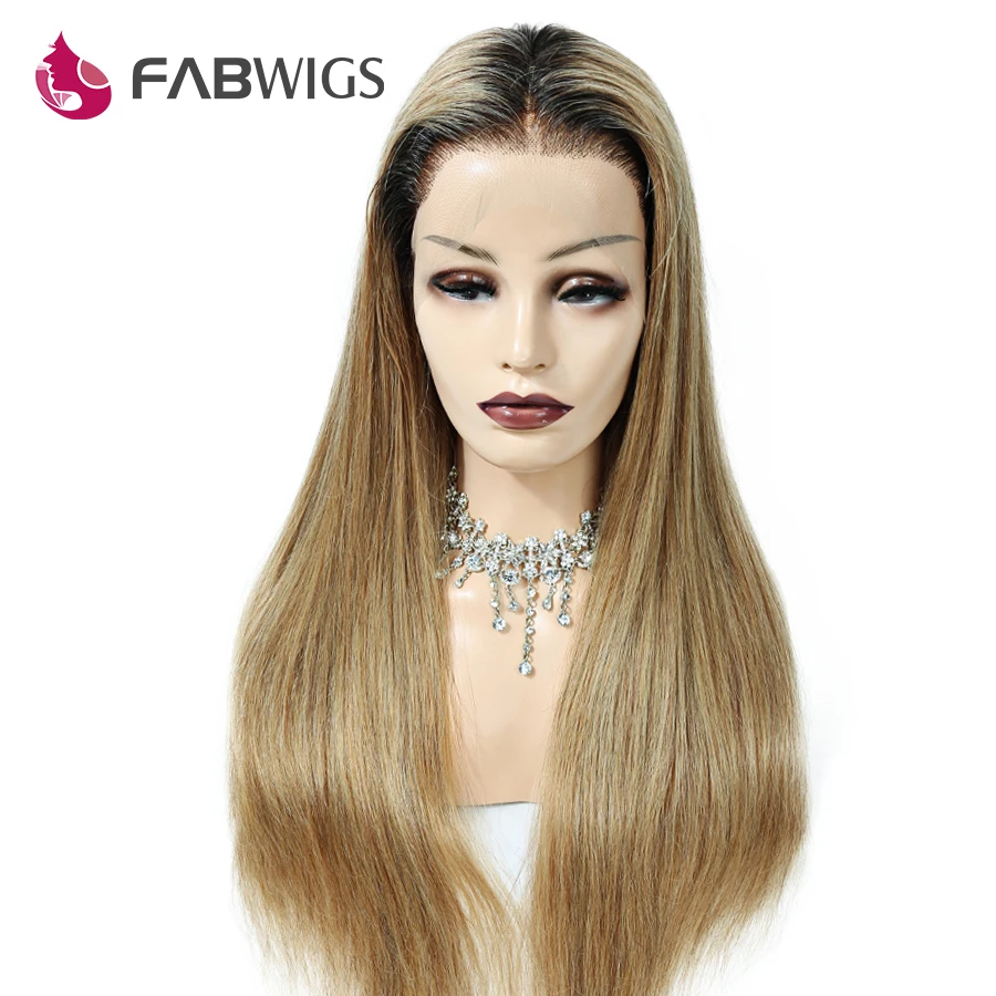 Fabwigs150% плотность Омбре 1b/27 медовый блонд полный шнурок человеческих волос парики предварительно сорванные бразильские Remy человеческие волосы парики с детскими волосами