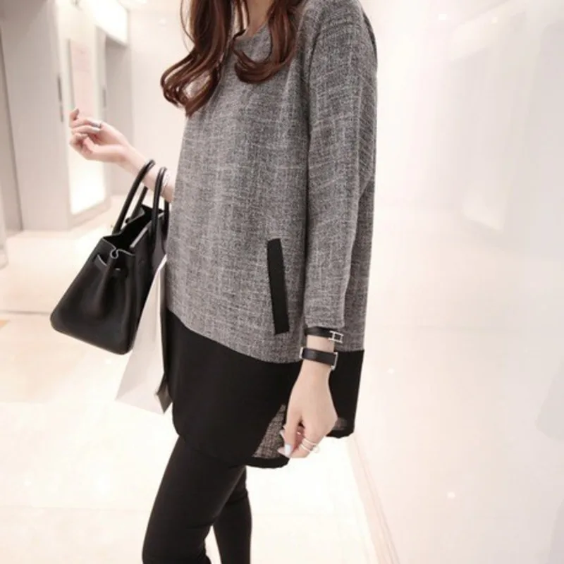 

TVVOVVIN 2019 Spring Summer New Fahsion Casual Loose Full Sleeve Pockets O-neck Patchwork Long Section Women Shirt S098