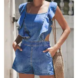 2019 летняя юбка с оборками с завышенной талией джинсовые комбинезоны Для женщин Мода спинки на шнуровке прямые джинсы Ползунки свободные