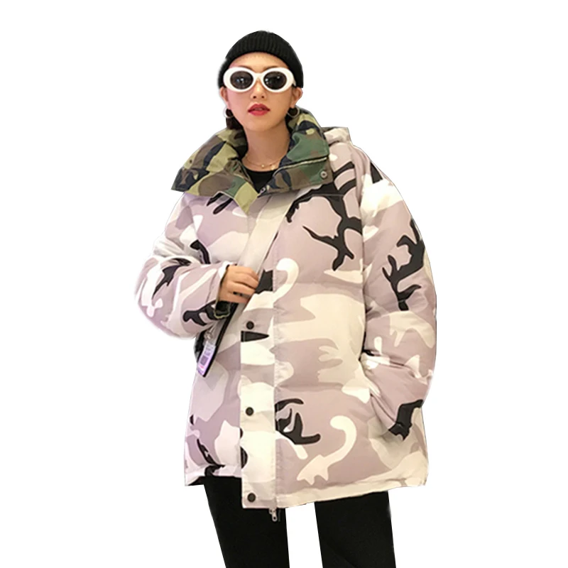 2018 для женщин зимние толстые две стороны носить мужские парки Дамская мода камуфляж печати куртка с длинным рукавом капюшоном плюс размеры