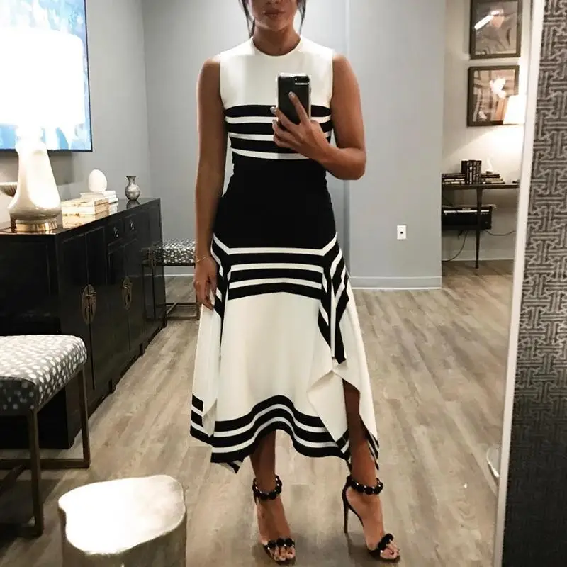 

Uguest Women Dress Sleeveless Round Neck Stripe Black And White Split Joint Dress Leisure Time Ankle Length Vestido Summer