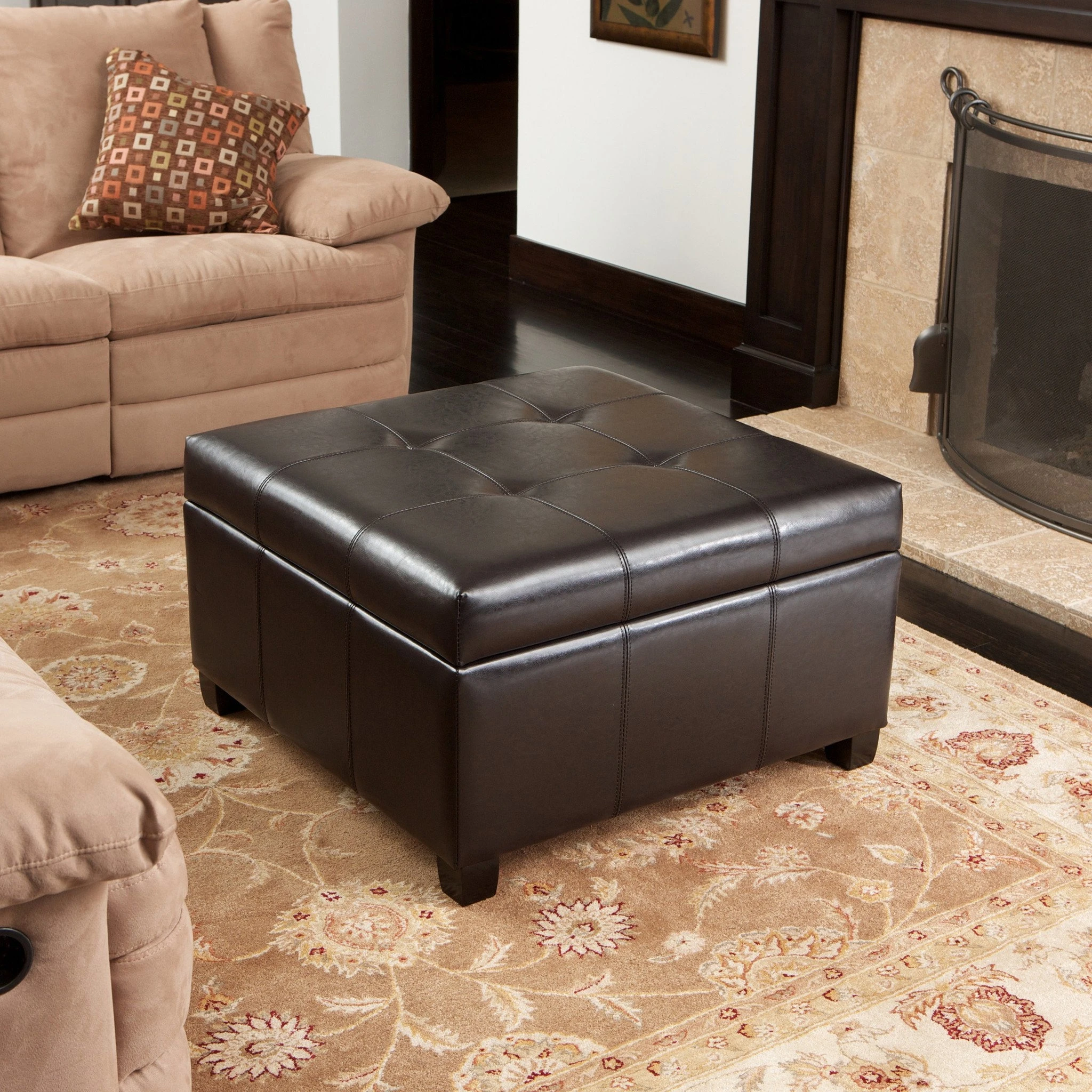 Boston Espresso Brown Tufted Leather Storage Ottoman Coffee Tablein