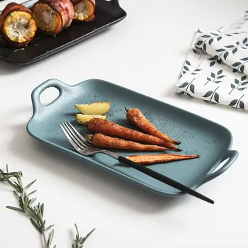 

European Style Dinner Plates Matte Glazed Ceramic Dishes With Double Handles Steak Pasta Dessert Serving Plates Baking Pan