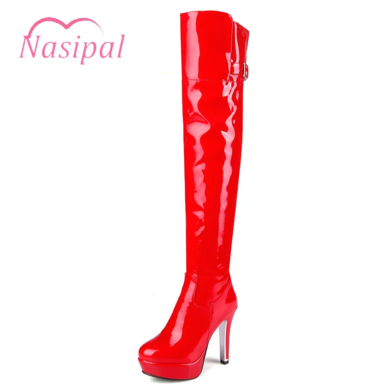 

Nasipal Thin High Heels Autumn Winter Long Boots Buckle Thick Platform Women Winter High Boots Patent Leather Shoes Woman Black
