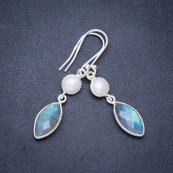 

Natural Blue Fire Labradorite and River Pearl Handmade Unique 925 Sterling Silver Earrings 1.75" A0782