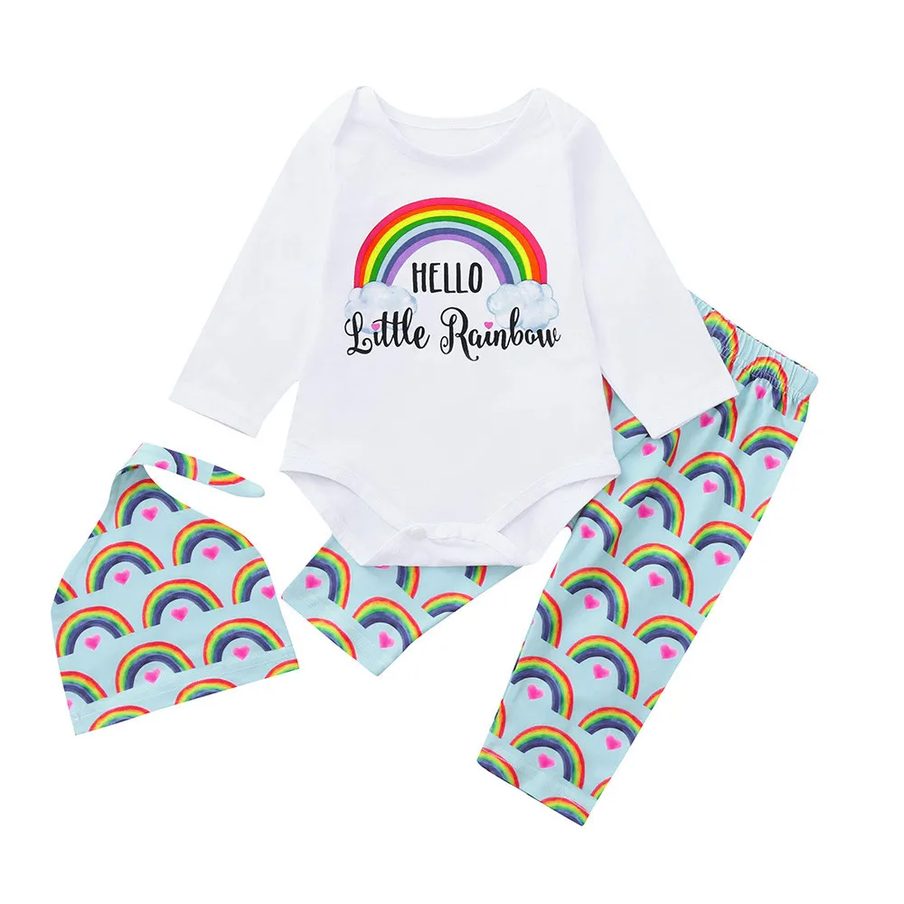 

Newborn Baby clothes Girl Boy Clothing Set 3PCs Letter Rainbow Romper Tops Jumpsuit Pants Hat Clothes Set roupa infantil