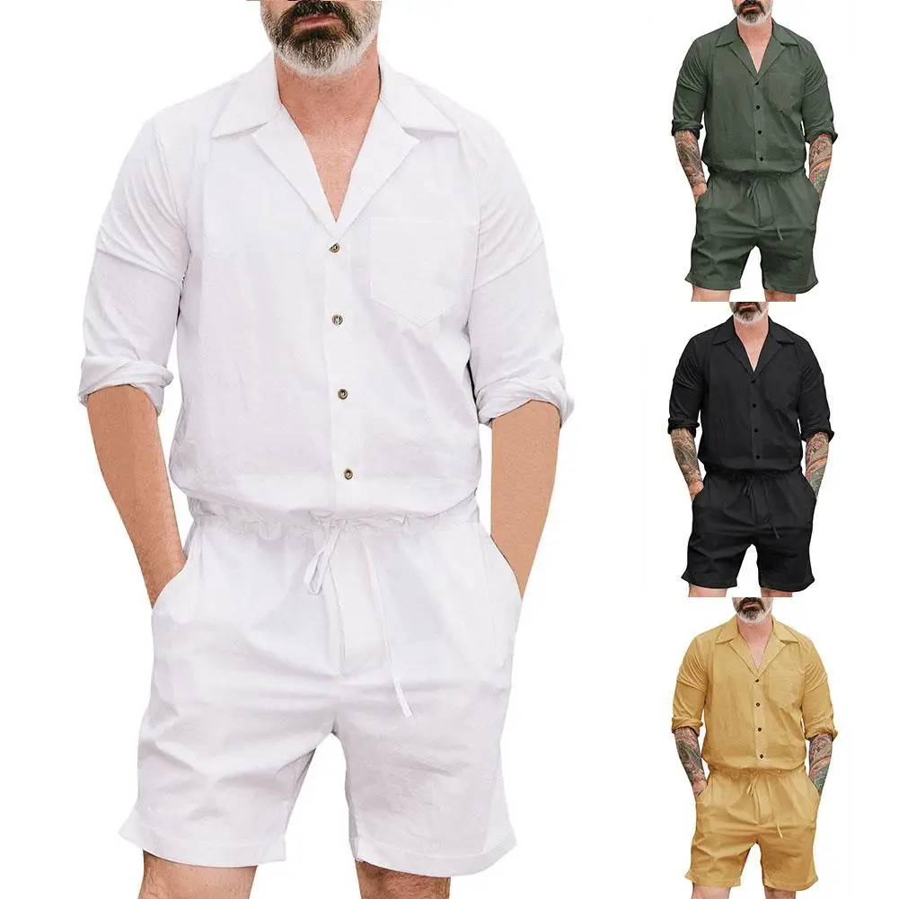 Men Romper Loose Soft Cotton Romper Summer Casual Single Breasted
