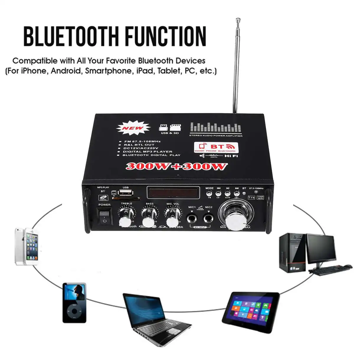 12V/ 220V BT-298A 2CH LCD Display Digital HIFI Audio Stereo Power Amplifier bluetooth FM Radio Car Home 600W with Remote Control