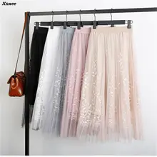 Модная кружевная шифоновая Женская юбка для девочек, весна, новинка, длинная юбка с вышивкой, высокая эластичная талия, газовая плиссированная юбка, Xnxee