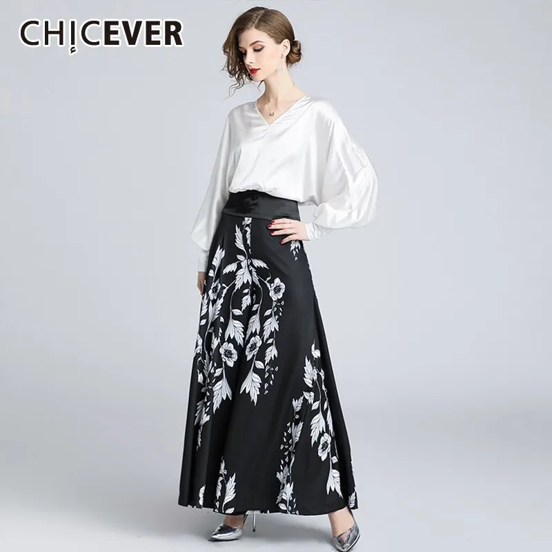 CHICEVER الصيف عارضة النساء اثنين من قطعة مجموعة V الرقبة فانوس الأكمام قمم مع طباعة عالية الخصر سستة ضئيلة واسعة الساق panst 2019 جديد