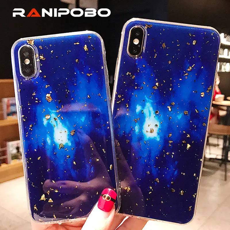 

Fashion Shining Gold foil Phone Case For iPhone X XS XR XS Max 6 6S 7 8 Plus Soft Full Body Epoxy Sky Blue Phone Back Cover