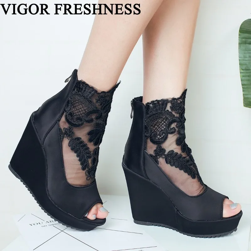

VIGOR FRESHNESS Women Shoes Wedges Heels 11CM Summer Sandals Platform Shoes Lace Women's Embroidery Sandals Gladiator MY226