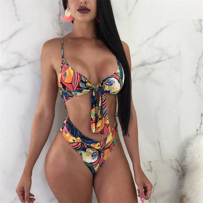 

2019 One Piece Swimsuit Women Triquini Swimwear Swim Beach Wear Print Bandage Cut Out Trikini Monokini Swimming Bathing Suit