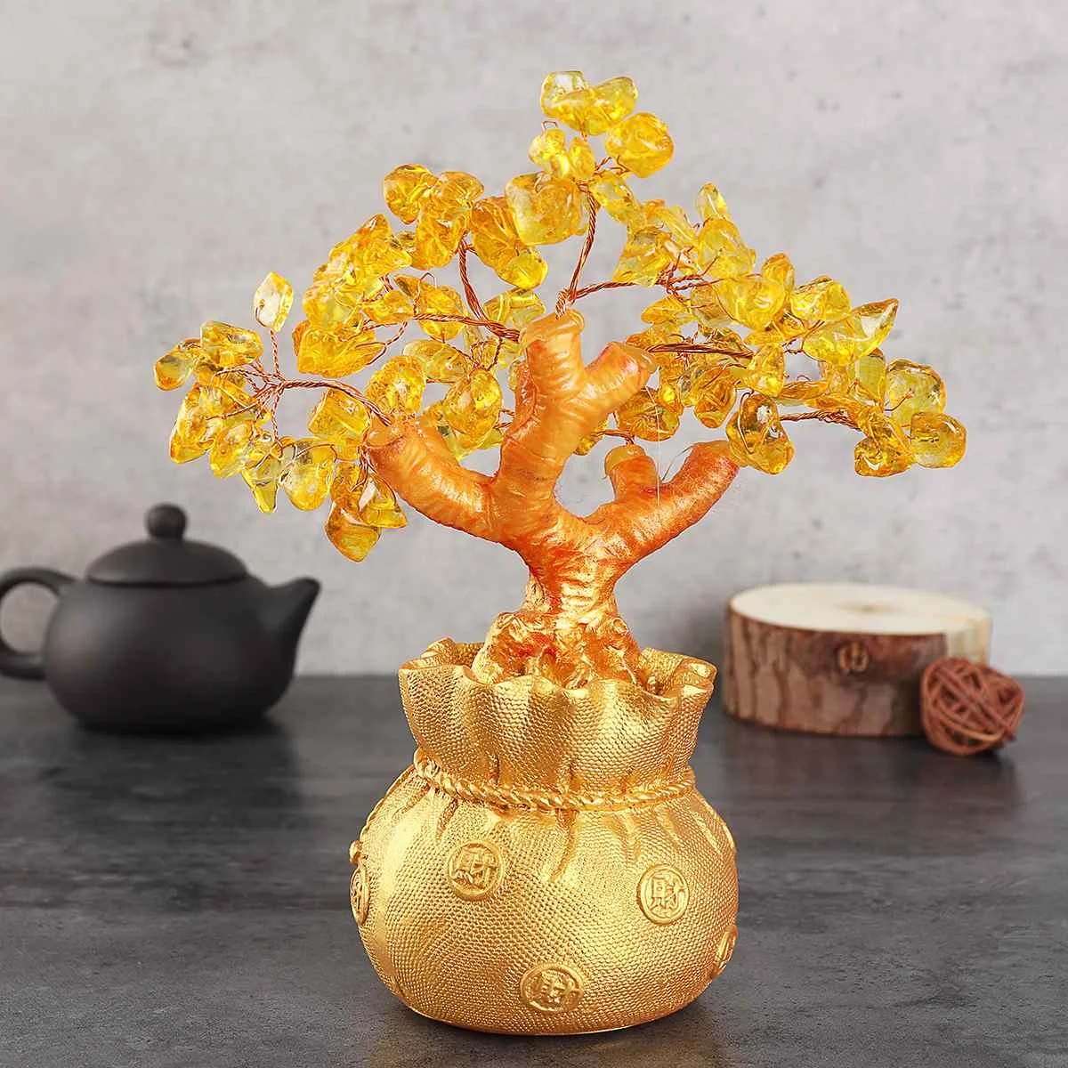 Crystal Citrine Quartz Gemstone Bonsai Healing Reiki Gifts Golden Lucky