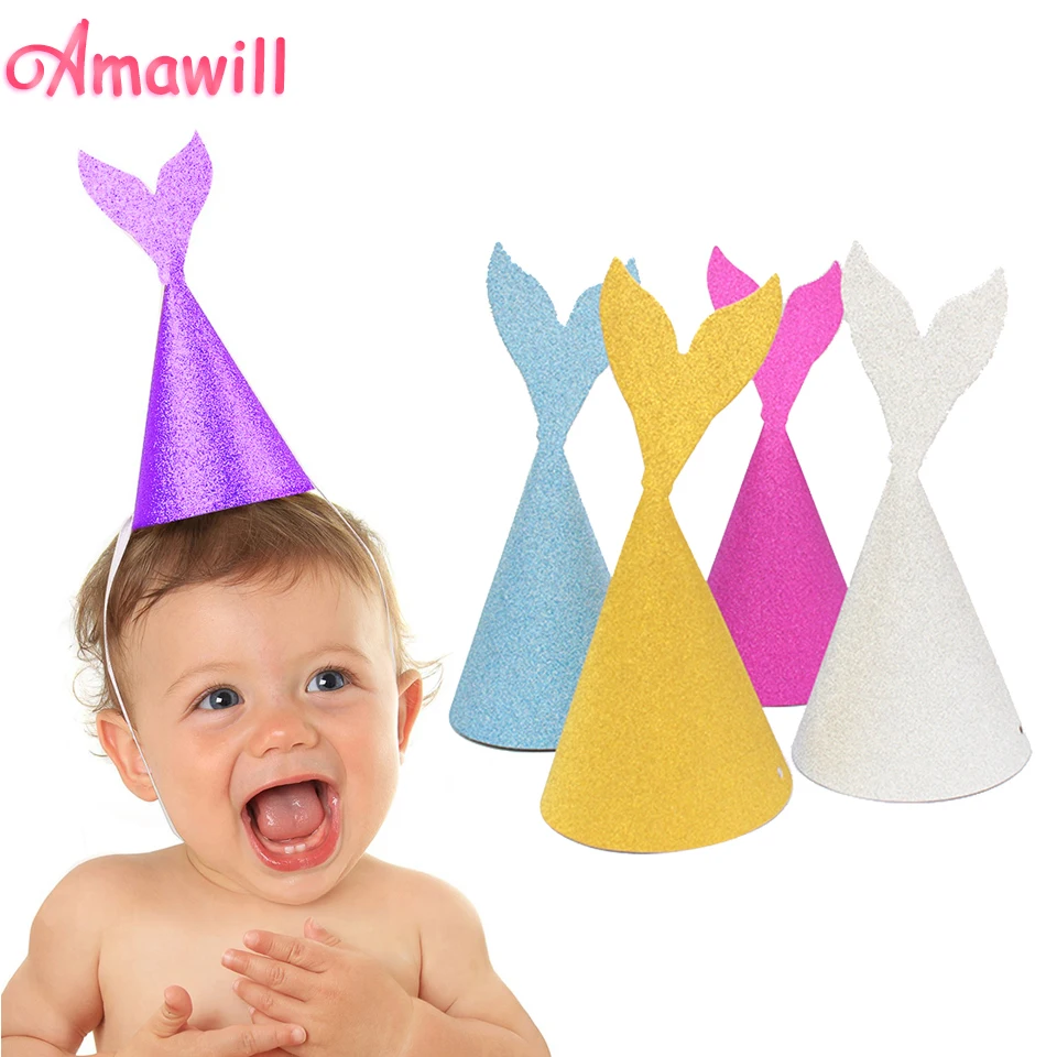 

Amawill 5 Pcs Mermaid Paper Hat Princess Glitter Cap Baby Shower Under The Sea Party Supplies Girl Happy Birthday Decorations 6D