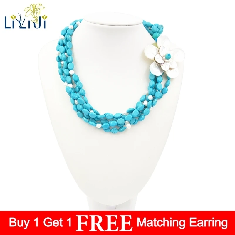 

Lii Ji Dye Blue Color White Turquoise Freshwater Pearl Shell Flower 5 Rows Big Necklace Approx 50cm