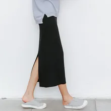 Новинка года; сезон весна-лето; корейский стиль; трикотажная облегающая юбка с разрезом на талии