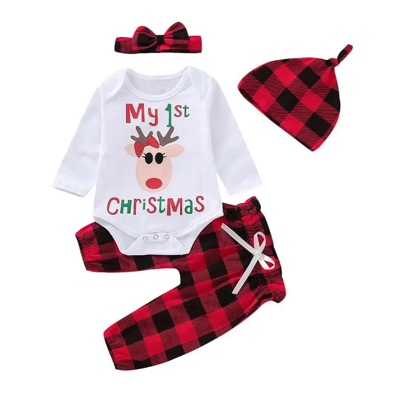 

4pcs/set Baby Girls Deer Print Tops Plaid Pants Headband Cap Kids Romper Christmas Clothes Baby Girl Clothes New Arrival