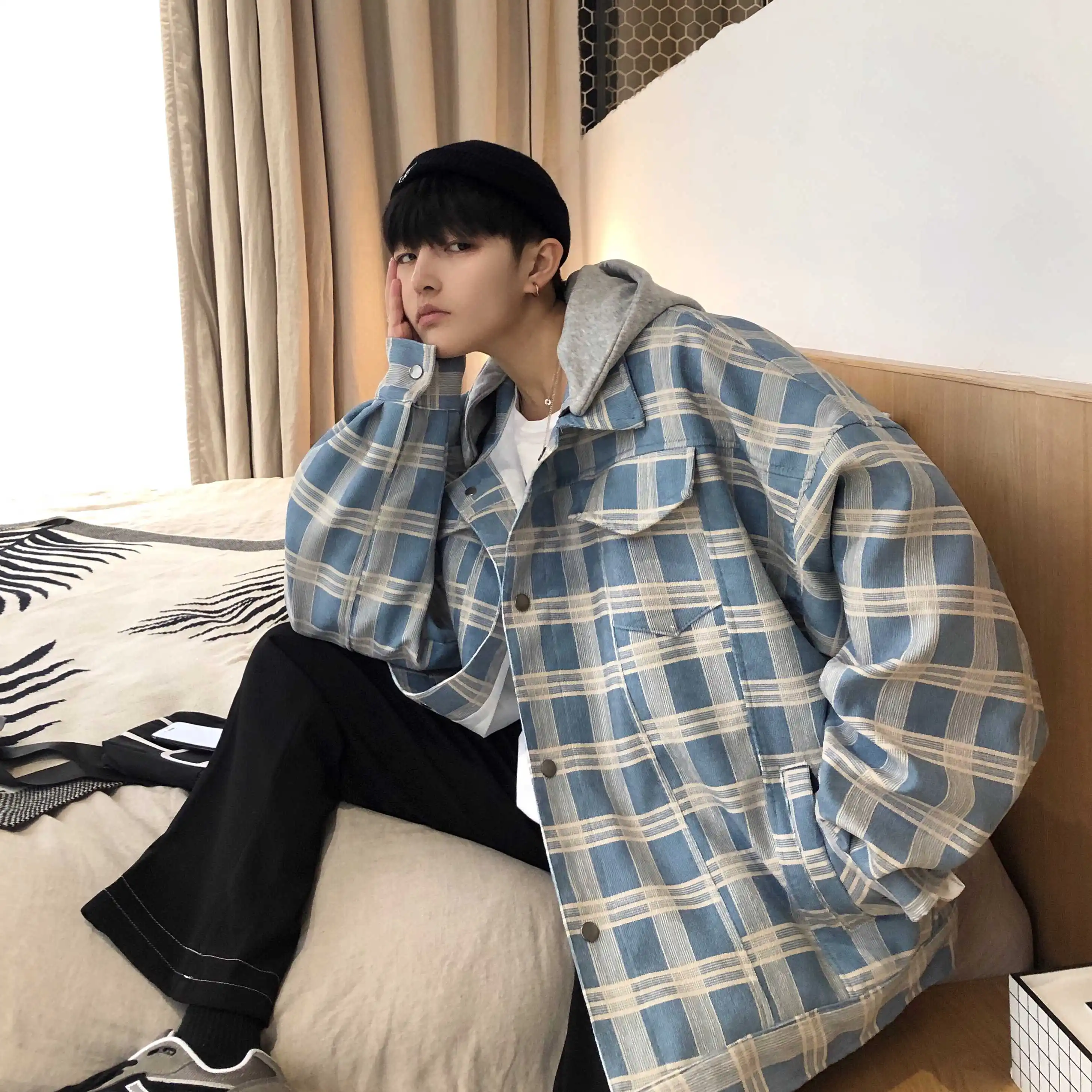 2019 Korean Style New Men's Work Clothes Streetwear Bomber Jacket Loose Lattice Printing Coat Khaki/blue Color Windbreaker M-XL