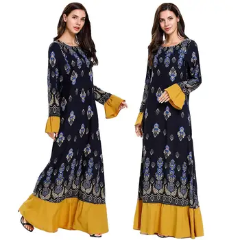 

Vintage Abaya Women Maxi Long Dress Muslim Robe Islamic Kaftan Dubai Jilbab Gown Print Flare Sleeve O-neck Patchwork Ramadan New