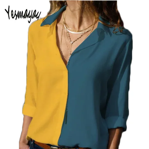 

Blusas Mujer De Moda 2019 Office Blouse Women Long Sleeve For Work Patchwork V-neck Womens Tops and Blouses Plus Size 5XL Shirt