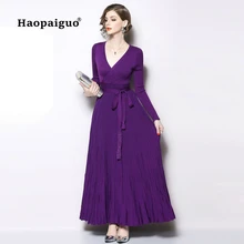 Pleated Maxi Dress Women V-neck Long Sleeve Big Swing Vintage Black Dress Women Bodycon Dress Cotton Vestido Longo Free Size black swing long sleeve dress