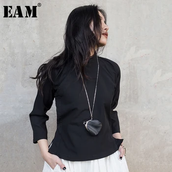 

[EAM] 2020 New Spring Autumn Stand Collar Long Sleeve Black Loose Slanting Threshold Short Jacket Women Coat Fashion Tide JR382